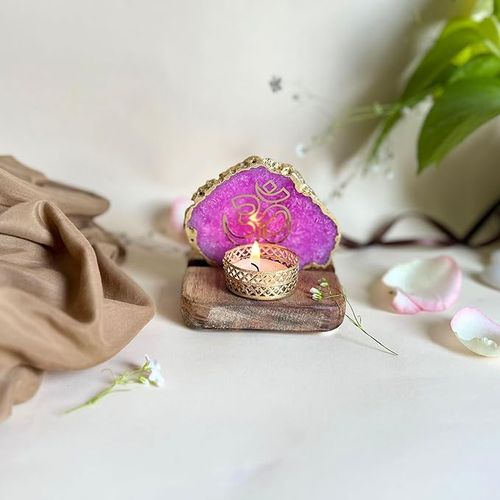 OM Tea Light Holder Pink Agate with Wood Festive Home Décor