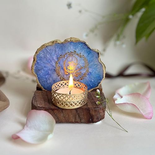 GURU JEE Tea Light Holder Blue Agate with Wood Festive Home Décor 