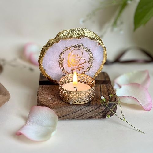 GURU JEE Tea Light Holder White Agate with Wood Festive Home Décor