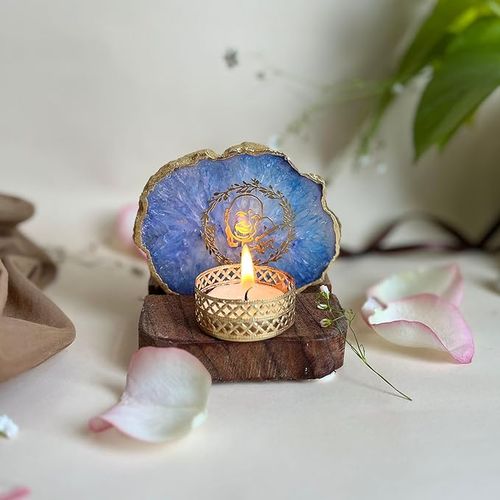 GURU JEE Tea Light Holder Blue Agate with Wood Festive Home Décor
