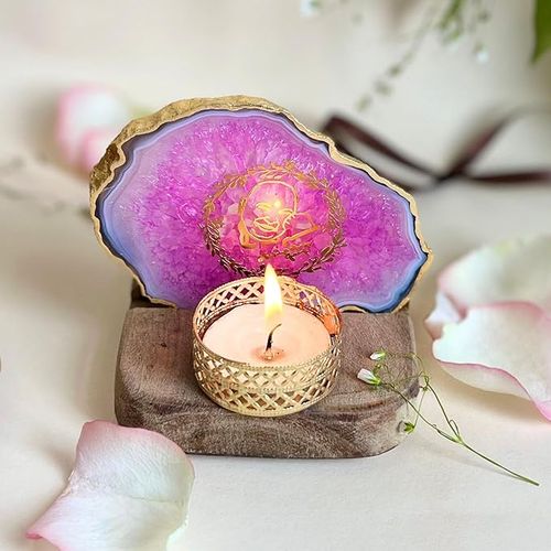GURU JEE Tea Light Holder Pink Agate with Wood Festive Home Décor