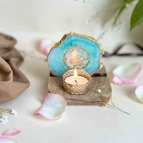 GURU JEE Tea Light Holder Green Agate with Wood Festive Home Décor
