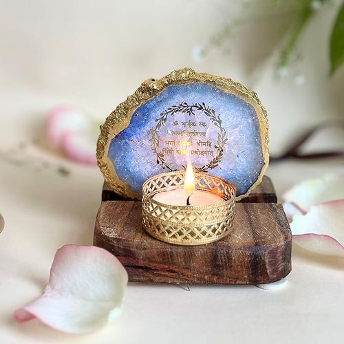 Gayatri Mantra Tea Light Holder Blue Agate with Wood Festive Home Décor