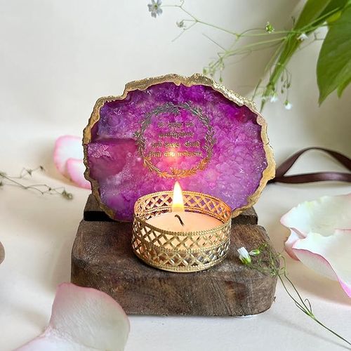 Gayatri Mantra Tea Light Holder Pink Agate with Wood Festive Home Décor Light Holder Perfect Decor
