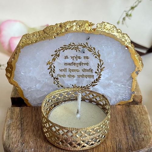 Gayatri Mantra Tea Light Holder White Agate with Wood Festive Home Décor