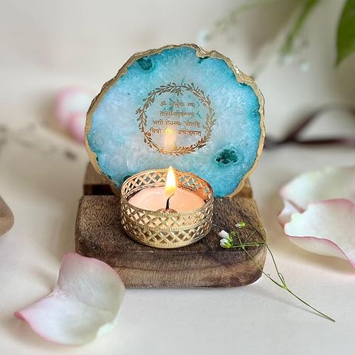 Gayatri Mantra Tea Light Holder Green Agate with Wood Festive Home Décor 