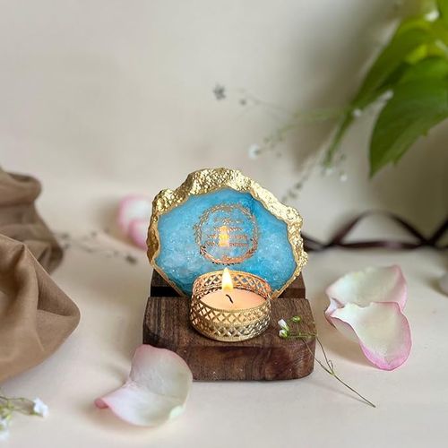 Gayatri Mantra Tea Light Holder Turquoise Agate with Wood Festive Home Décor