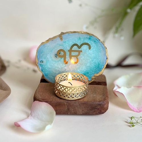 Ik Onkar Tea Light Holder Green Agate with Wood Festive Home Décor