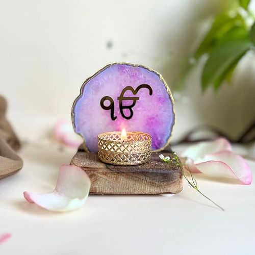 Ik Onkar Tea Light Holder Pink Agate with Wood Festive Home Décor 