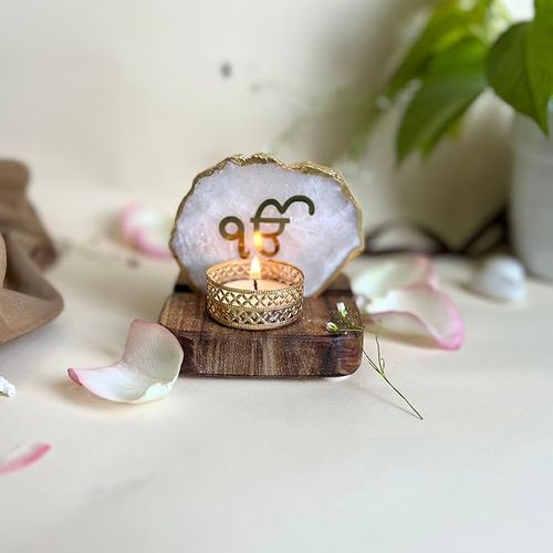 Ik Onkar Tea Light Holder White Agate with Wood Festive Home Décor