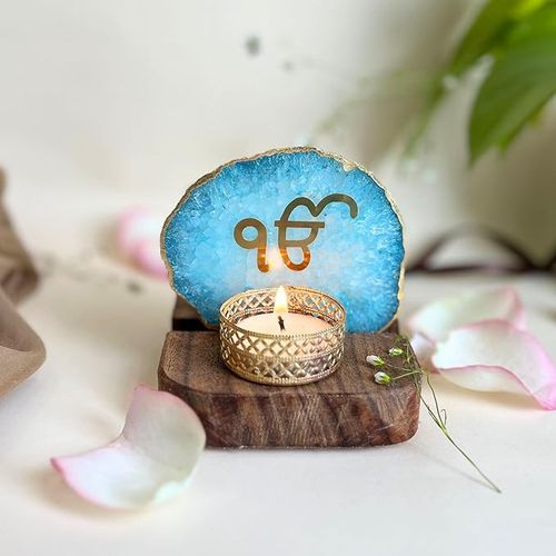Ik Onkar Tea Light Holder Turquoise Agate with Wood Festive Home Décor