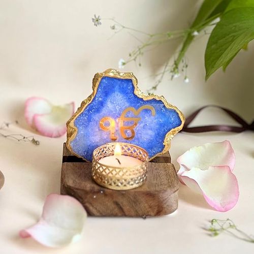 Ik Onkar Tea Light Holder Blue Agate with Wood Festive Home Décor 