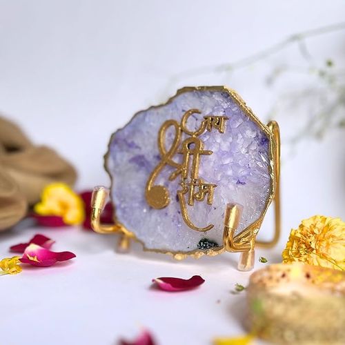 Handmade Jai Shree Ram Purple Agate Stone with Metal Stand Religious Home Décor Ideal Cooperate Gift
