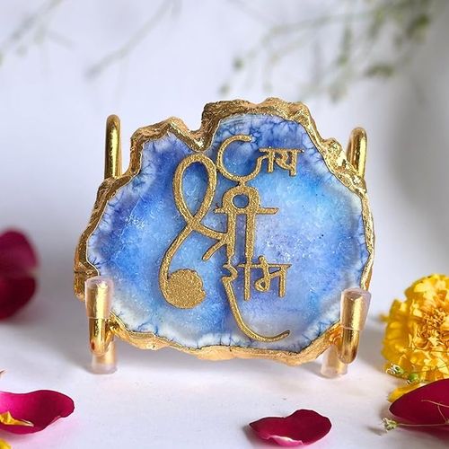 Handmade Jai Shree Ram Blue Agate Stone with Metal Stand Religious Home Décor Ideal Cooperate Gift