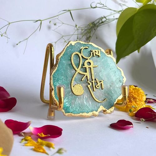 Handmade Jai Shree Ram Green Agate Stone with Metal Stand Religious Home Décor Ideal Cooperate Gift