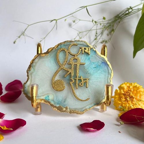 Handmade Jai Shree Ram Turquoise Agate Stone with Metal Stand Religious Home Décor 