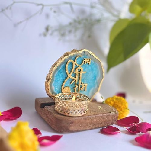 Jai Shree Ram Turquoise Agate Stone with Wood Stand Religious Home Decor Ideal for Bedroom.