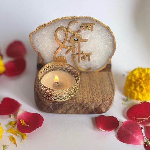 Jai Shree Ram White Agate Stone with Wood Stand Religious Home Decor Ideal for Bedroom