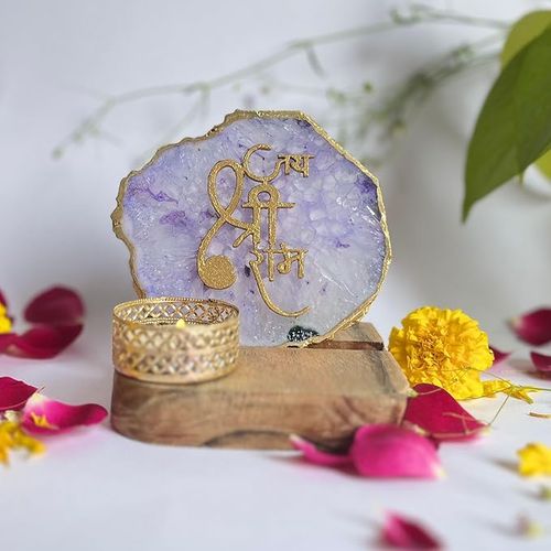 Jai Shree Ram Purple Agate Stone with Wood Stand Religious Home Decor Ideal for Bedroom