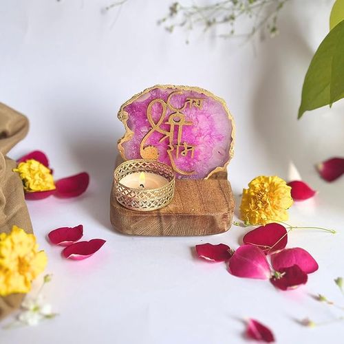Jai Shree Ram Pink Agate Stone with Wood Stand Religious Home Decor Ideal for Bedroom