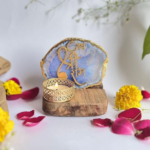 Jai Shree Ram Blue Agate Stone with Wood Stand Religious Home Decor Ideal for Bedroom