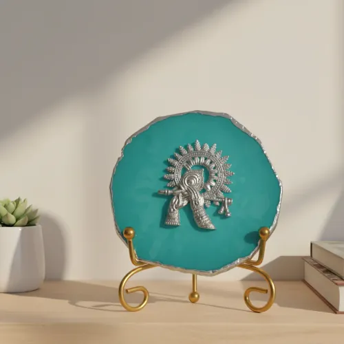 Agate Silver Metal Krishna Showpiece with Metal Stand - Turquoise