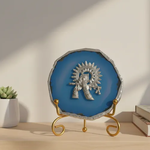 Agate Silver Metal Krishna Showpiece with Metal Stand - Blue