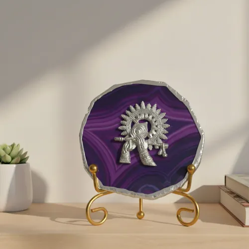Agate Silver Metal Krishna Showpiece with Metal Stand - Purple