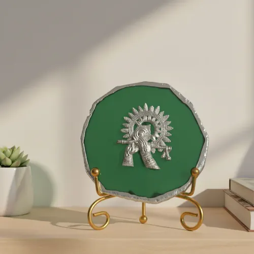 Agate Silver Metal Krishna Showpiece with Metal Stand - Green