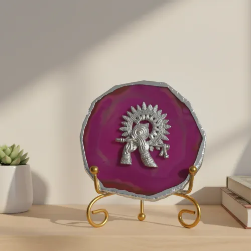 Agate Silver Metal Krishna Showpiece with Metal Stand - Pink