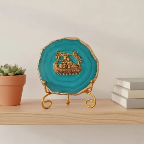 Agate Metal Radha Krishna Showpiece with Metal Stand - Turquoise