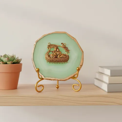 Agate Metal Radha Krishna Showpiece with Metal Stand - Green