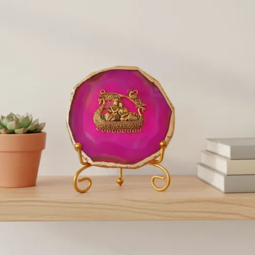 Agate Metal Radha Krishna Showpiece with Metal Stand - Pink