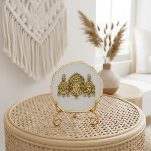 Agate Metal Venketeshwar Showpiece with Metal Stand - White