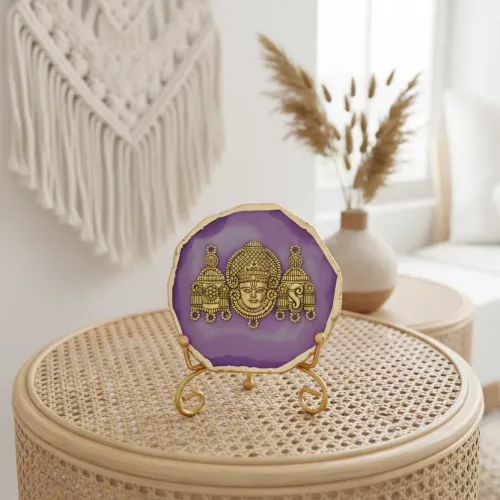 Agate Metal Venketeshwar Showpiece with Metal Stand - Purple