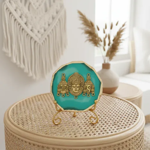 Agate Metal Venketeshwar Showpiece with Metal Stand - Turquoise