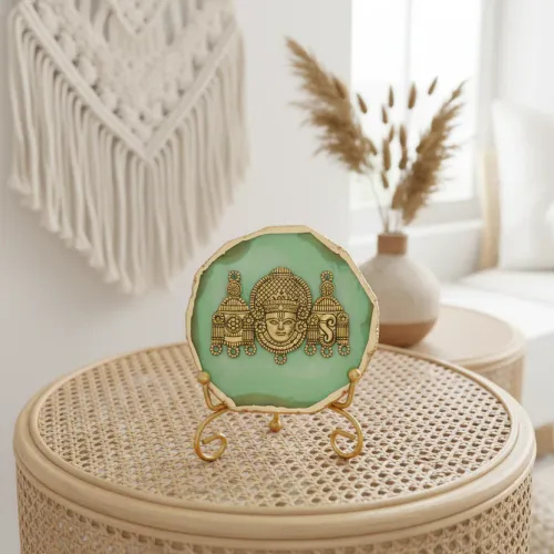 Agate Metal Radha Krishna Showpiece with Metal Stand - Green