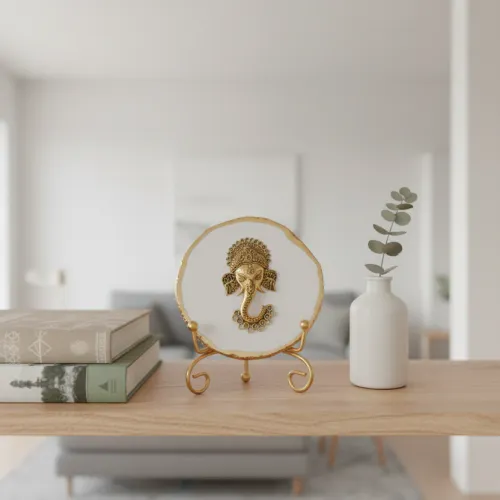Agate Metal Ganesha Showpiece with Metal Stand - White