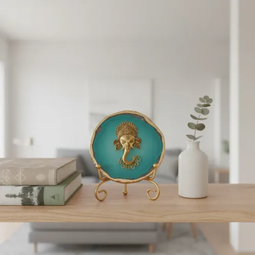 Agate Metal Ganesha Showpiece with Metal Stand - Turquoise