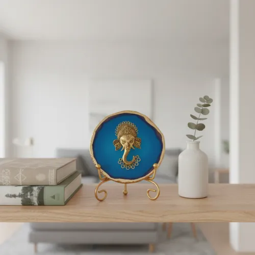 Agate Metal Ganesha Showpiece with Metal Stand - Blue