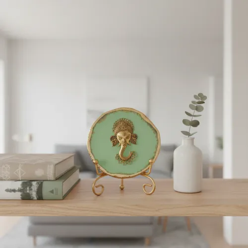 Agate Metal Ganesha Showpiece with Metal Stand - Green