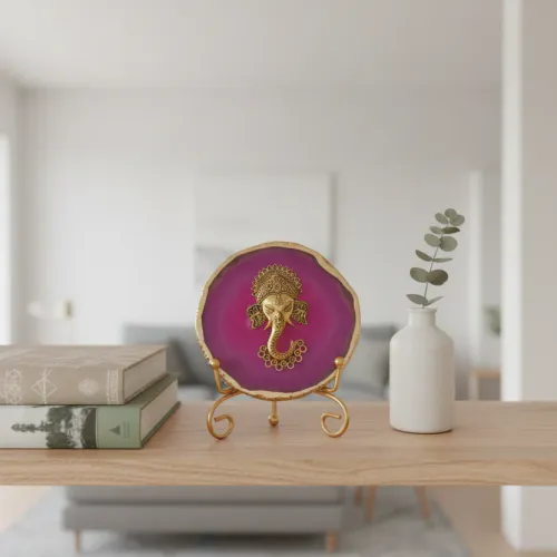 Agate Metal Ganesha Showpiece with Metal Stand - Pink