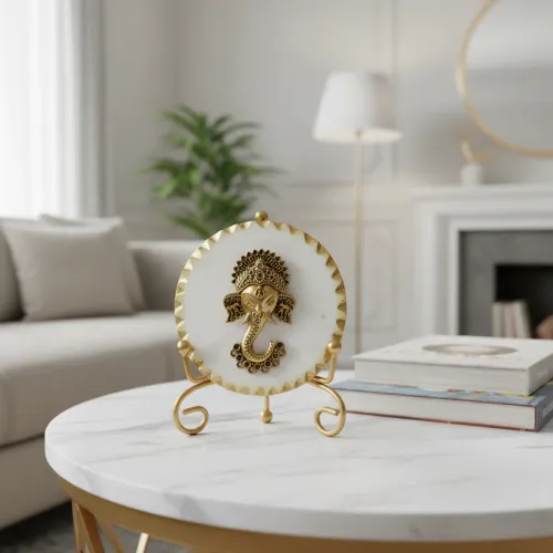 Marble Metal Ganesha Showpiece With Metal Stand