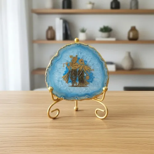 Agate Radha Krishna Showpiece with Metal Stand - Blue