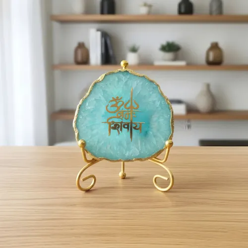 Agate Om Namah Shivay Showpiece with Metal Stand - Turquoise
