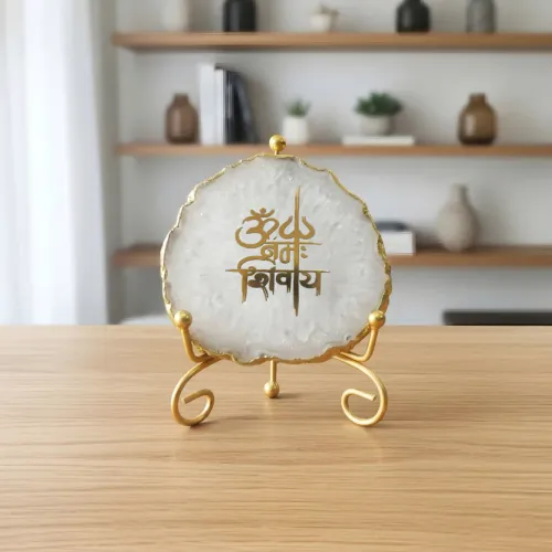 Agate Om Namah Shivay Showpiece with Metal Stand - White