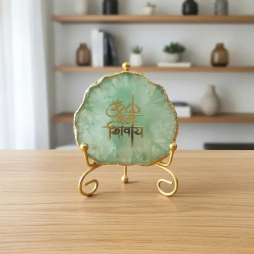 Agate Om Namah Shivay Showpiece with Metal Stand - Green