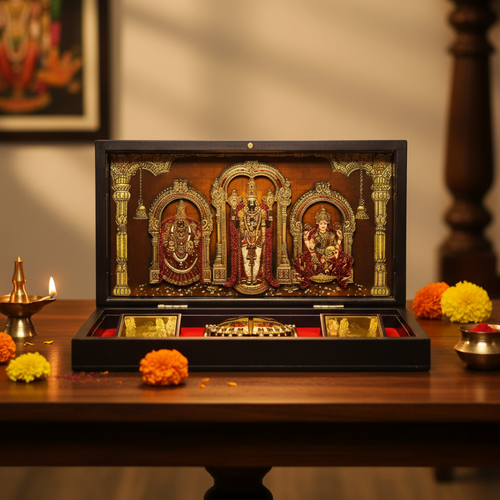 Tirupati Balaji 3D Prayer Box | Golden Paduka Set with Devotional Frame | Ideal for Gifting 