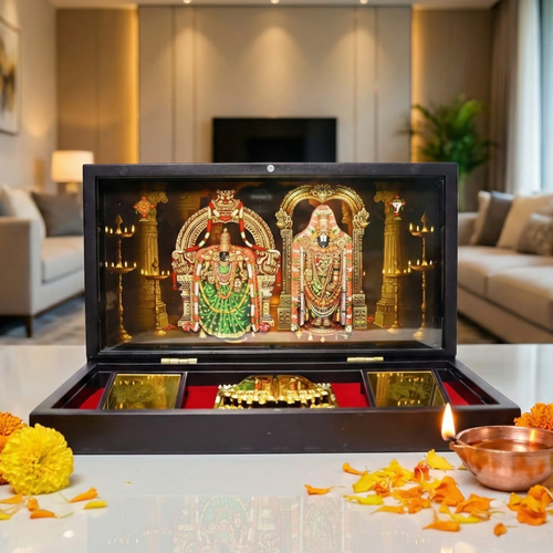 Padmavati Balaji 3D Prayer Box with Golden Paduka Set and Devotional Frame