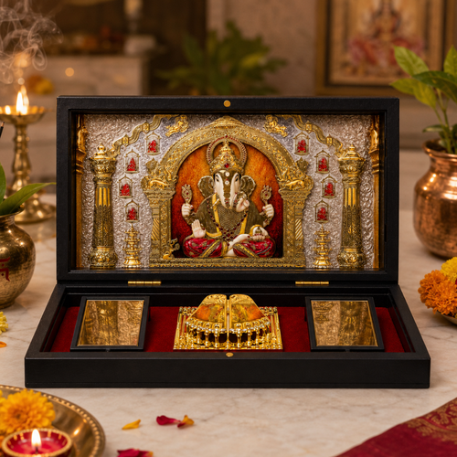 Shrimant Dagdusheth Halwai Ganpati Prayer Box 3D | Golden Paduka Set with Devotional Frame 